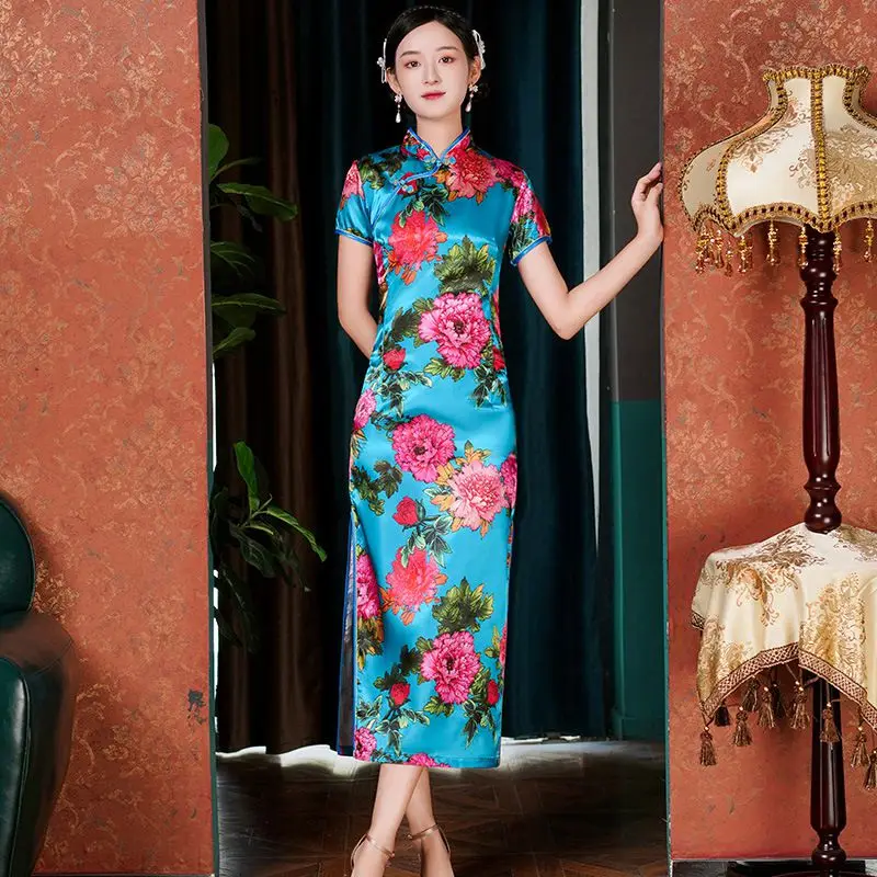 Vintage Slim Chinese Traditional Cheongsam Short Sleeve Split Dress Women Long Qipao Dress 5XL Various Color chinese dress