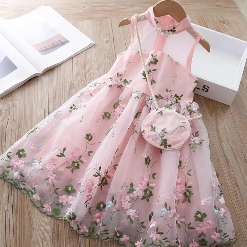 Girls Dress Summer Clothes Hanfu Fashion Children's Vintage Net Yarn Dress Kids Girls Dresses for School Wedding of 12 Years Old