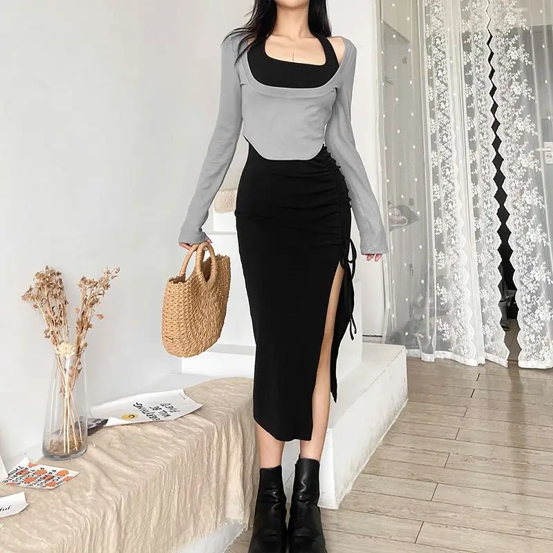 

Deeptown Korean Style Sexy Black Midi Halter Dress Sets Women Y2k Grey Long Sleeve Tees Vintage Two Piece Corset Dresses Autumn