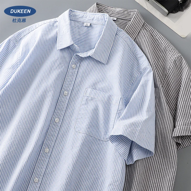 DUKEEN Men Casual Tops Striped Shirt Loose Tops Cotton Short-Sleeved Spring and Summer T-Shirt