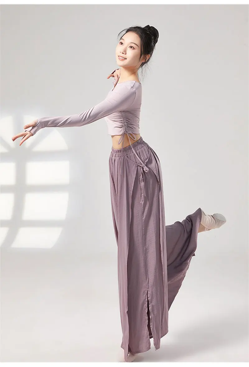 Damen-Hose mit hoher Taille und weitem Bein, lässiges Schlitz-Design, fließende Strandmode, Sommer-Tanz-Übung, bequeme Passform, Freizeithose – Detail 11