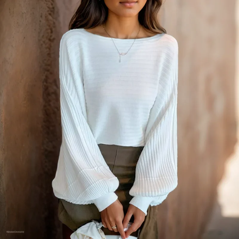 

Осенняя новая простая одежда, элегантный вязаный свитер, повседневные свободные топы с длинными рукавами-фонариками, Модный пуловер с воротником-лодочкой, джемпер 29305