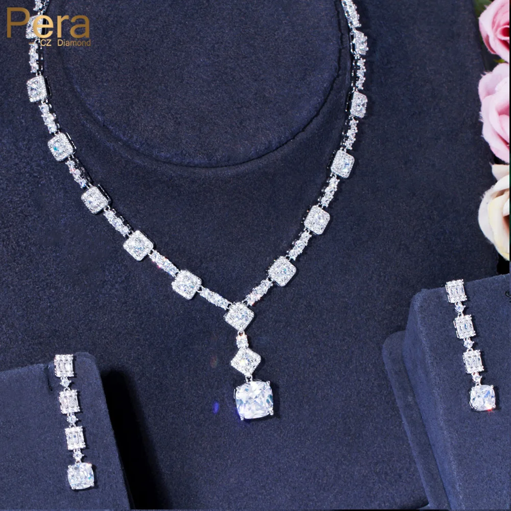 

Pera Shiny Clear White Cubic Zirconia Long Dangle Square Link Pendant Necklace and Earrings Sets for Women Banquet Jewelry J490