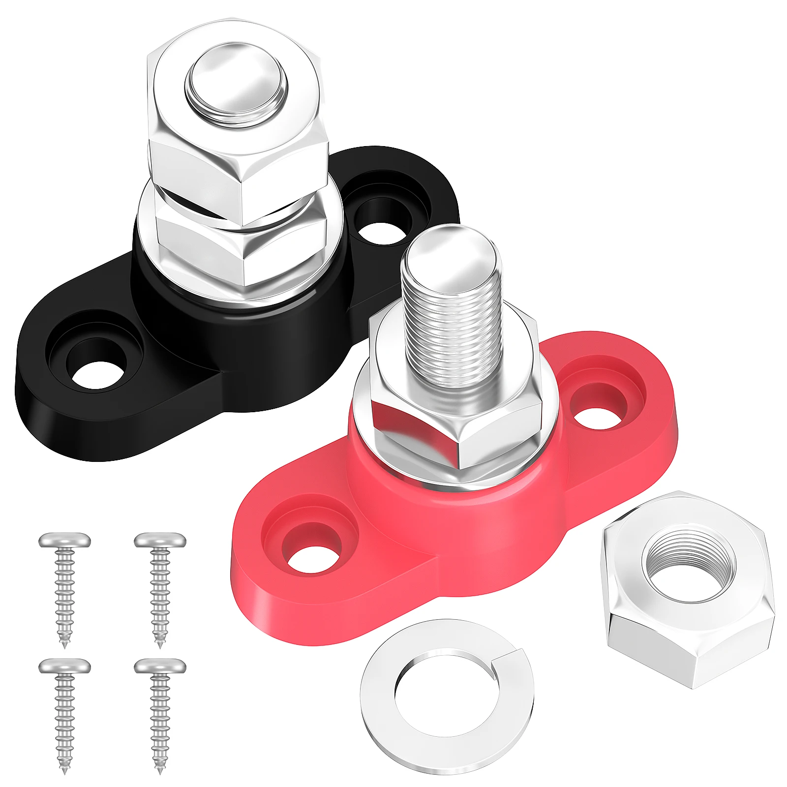 4-Pack Battery Terminal Blocks - Single Stud, 12V/24V, Brass & Stainless Steel, For Solar, RV, Boat, Truck Wiring