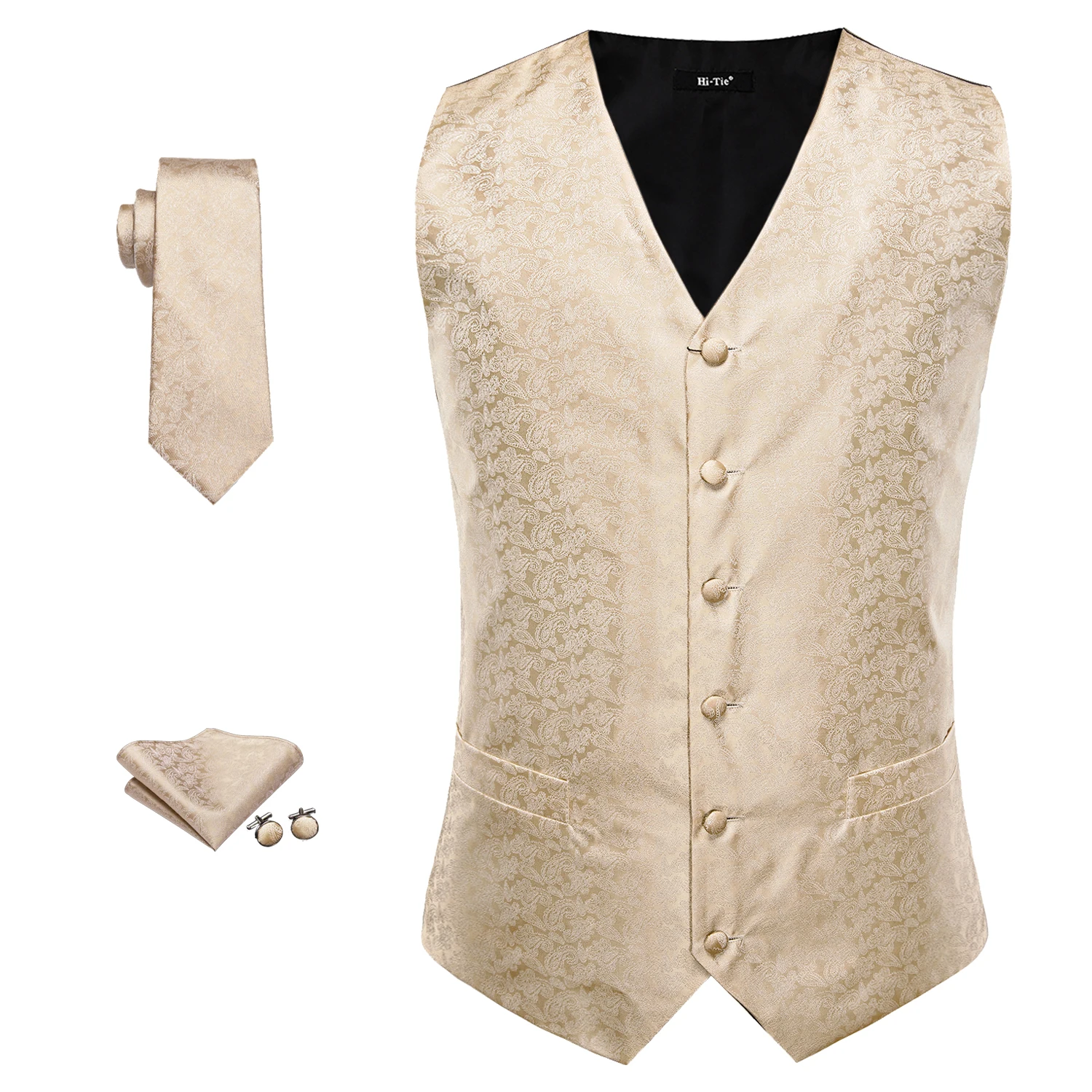 Hi-Tie Men Silk Vests Luxury Champagne Paisley Waistcoat Neck Tie Hanky Cufflinks Brooch Set for Men Suit Wedding Party Designer