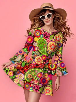 Abito hippie retrò anni '70 da donna con stampa floreale vibrante del segno di pace, girocollo, manica a campana casual, primavera estate autunno 1