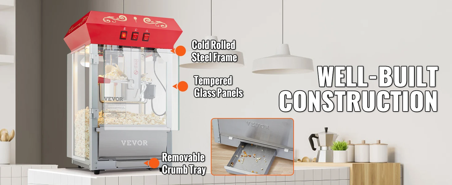 VEVOR popcorn popper machine with steel frame, glass panels, and removable crumb tray in modern kitchen.