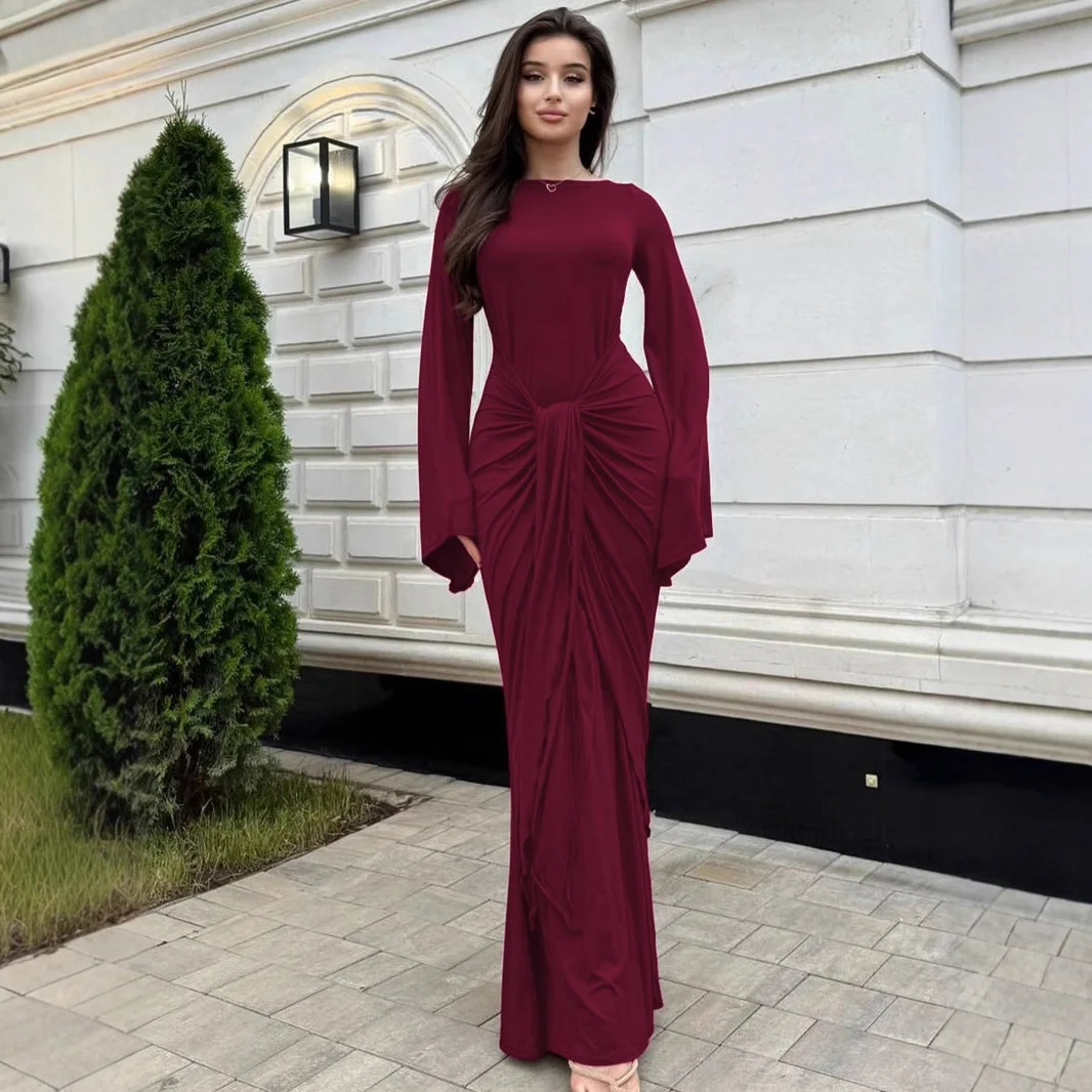 Mock Neck Corset Waist Long Sleeve Maxi Dress