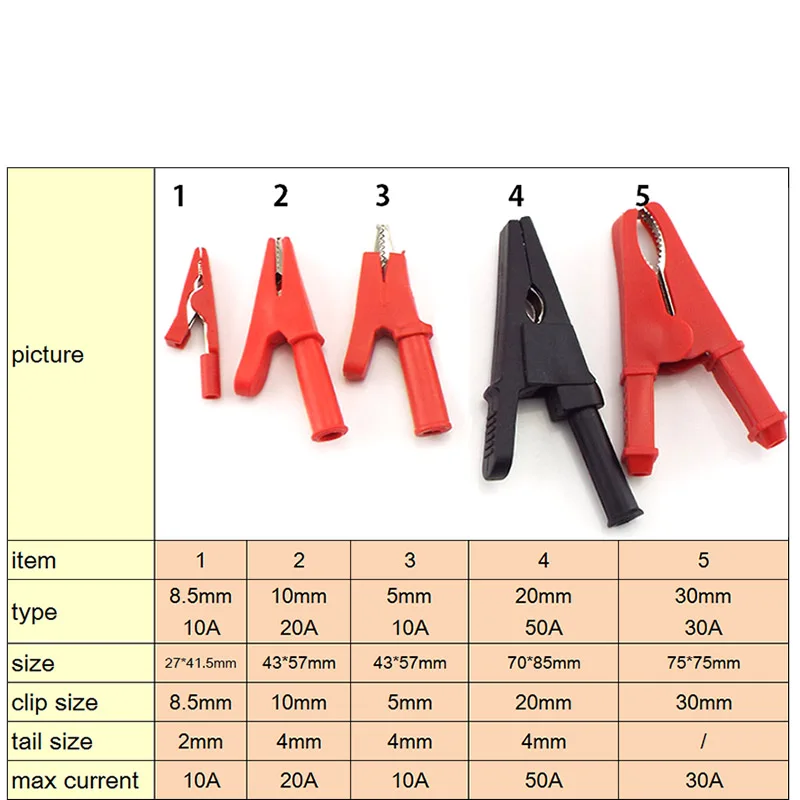 Description Picture 2 of item10A 50A Alligator Crocodile Clip Test lead Probes Battery Adapter Multimeter Pen Female Probe for 2mm 4mm Banana plug Cable Clip