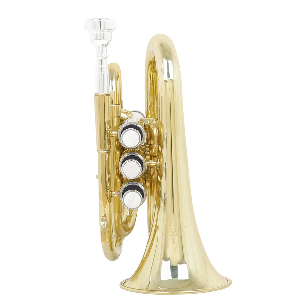 Mini Pocket Trumpet Bb Tune Gold Brass Body Trumpet Playing Instrument with Back Strap Glove Wipe Cloth Headpiece Brush Rope