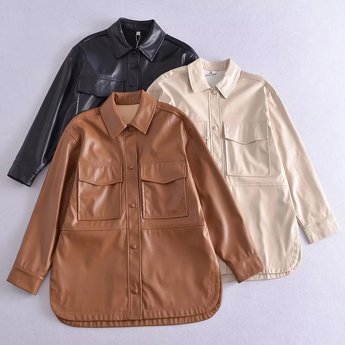 

Black Women's Faux Leather Shirt Jacket Spring 2023 Loose Coat Korean Fashion Coffee Beige Top Casual Elegant Youth Vintage