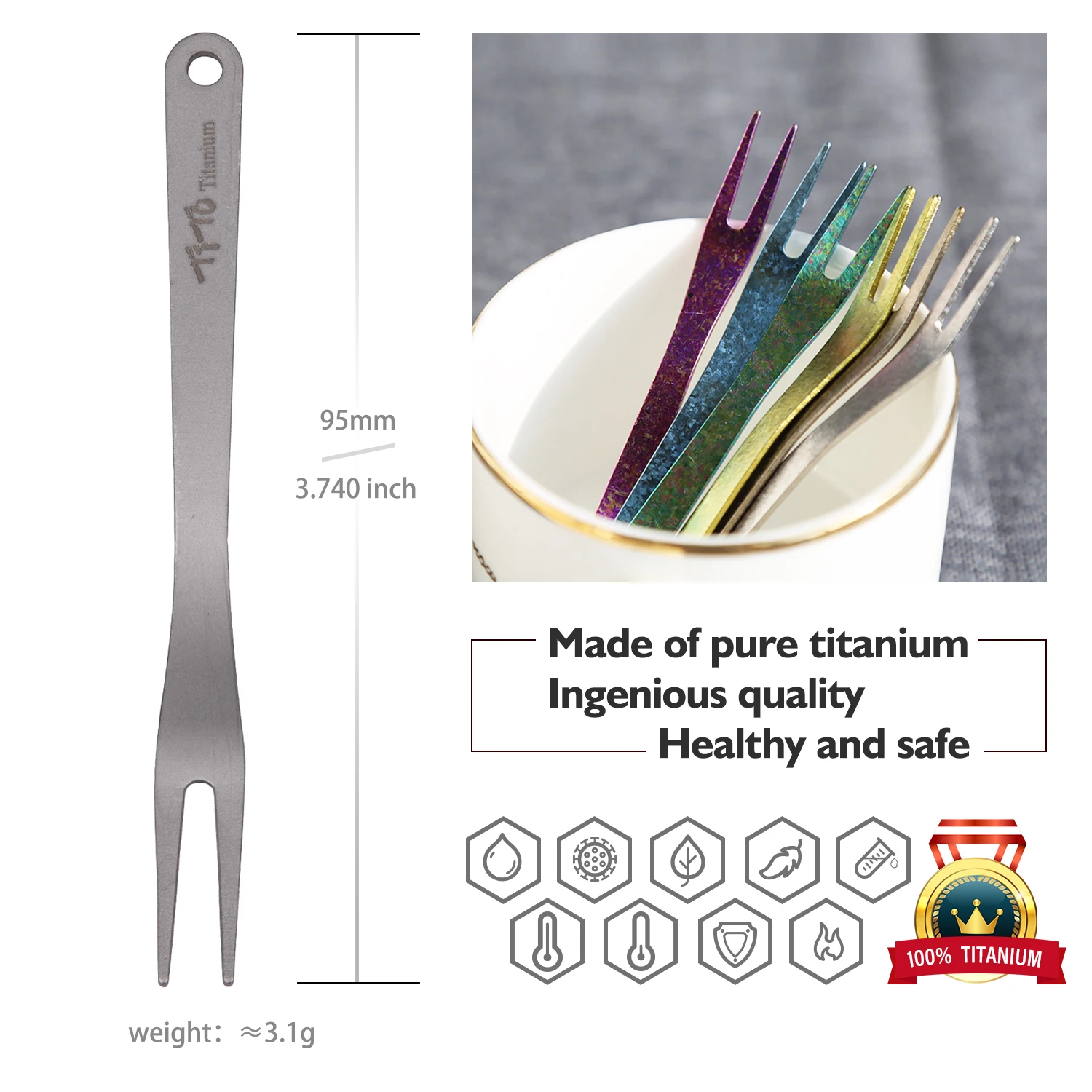 Camping Cutlery Portable Tableware Portable Cutlery Titanium Tableware TiTo 3pcs/Set Outdoors Titanium Fruit Fork Set Eco Friendly Kitchen Titanium Fruit Stick Dessert Forks Tableware Cooking Tools