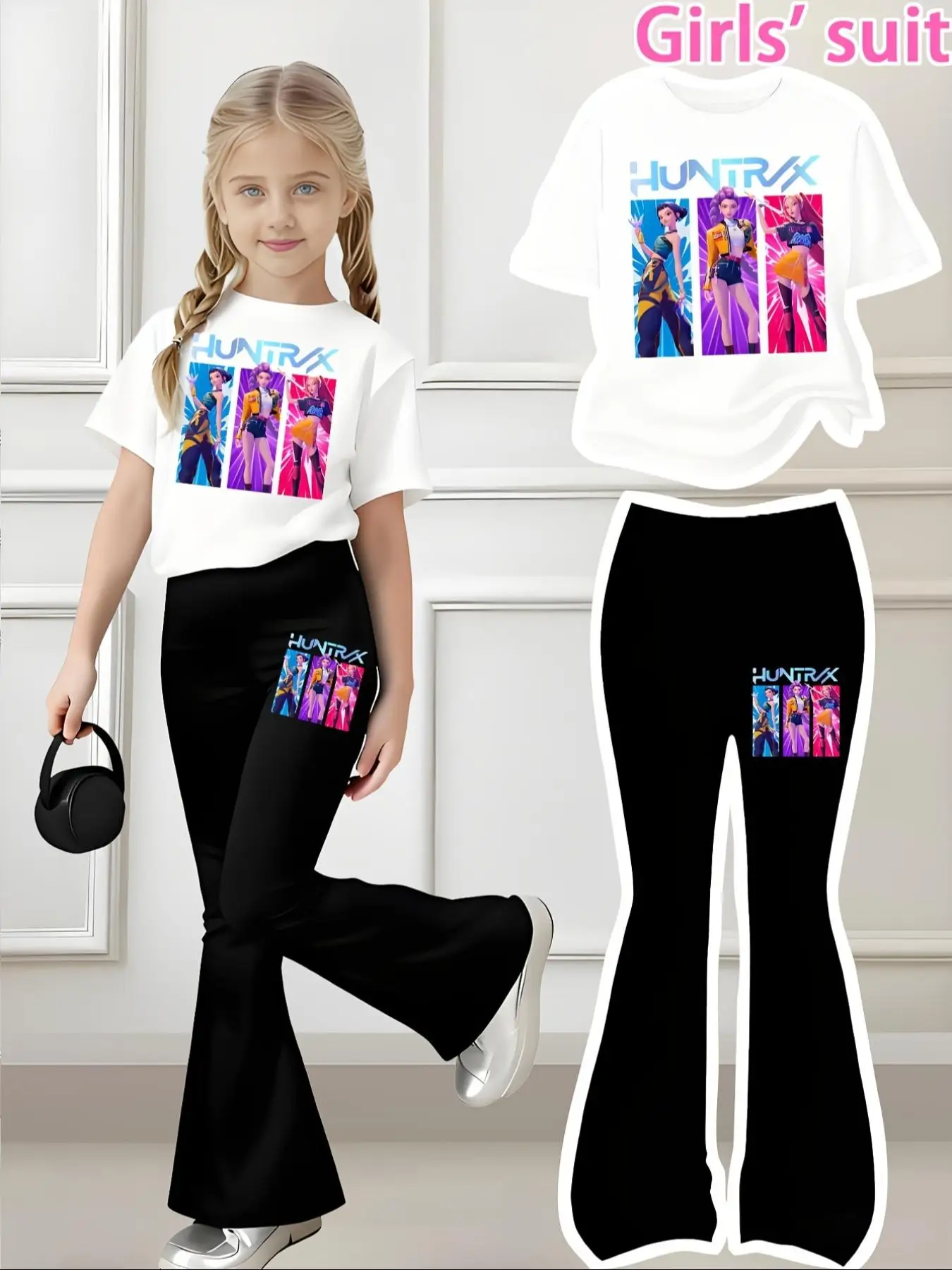Girls Casual Sports Short-Sleeve and Bell-Bottom Pants Set Three-Girl Group Pattern Print Trendy Brand Sportswear Comfortable Elastic Waist Pants Comfortable Going Out Versatile