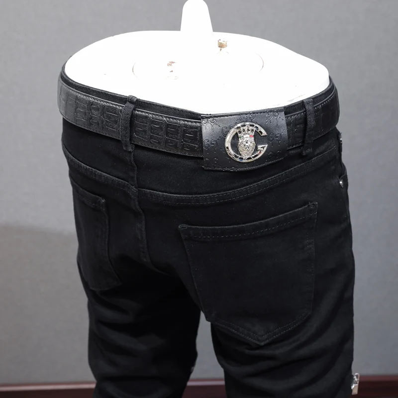 High Street Fashion Men Jeans Black Elastic Stretch Skinny Ripped Jeans Men Zipper Designer Spliced Hip Hop Punk Pants Hombre