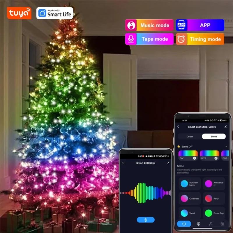 Tuya Smart RGB + IC LED Strip Lights, APP, Music Sync, Decorações para o Natal e Halloween 2