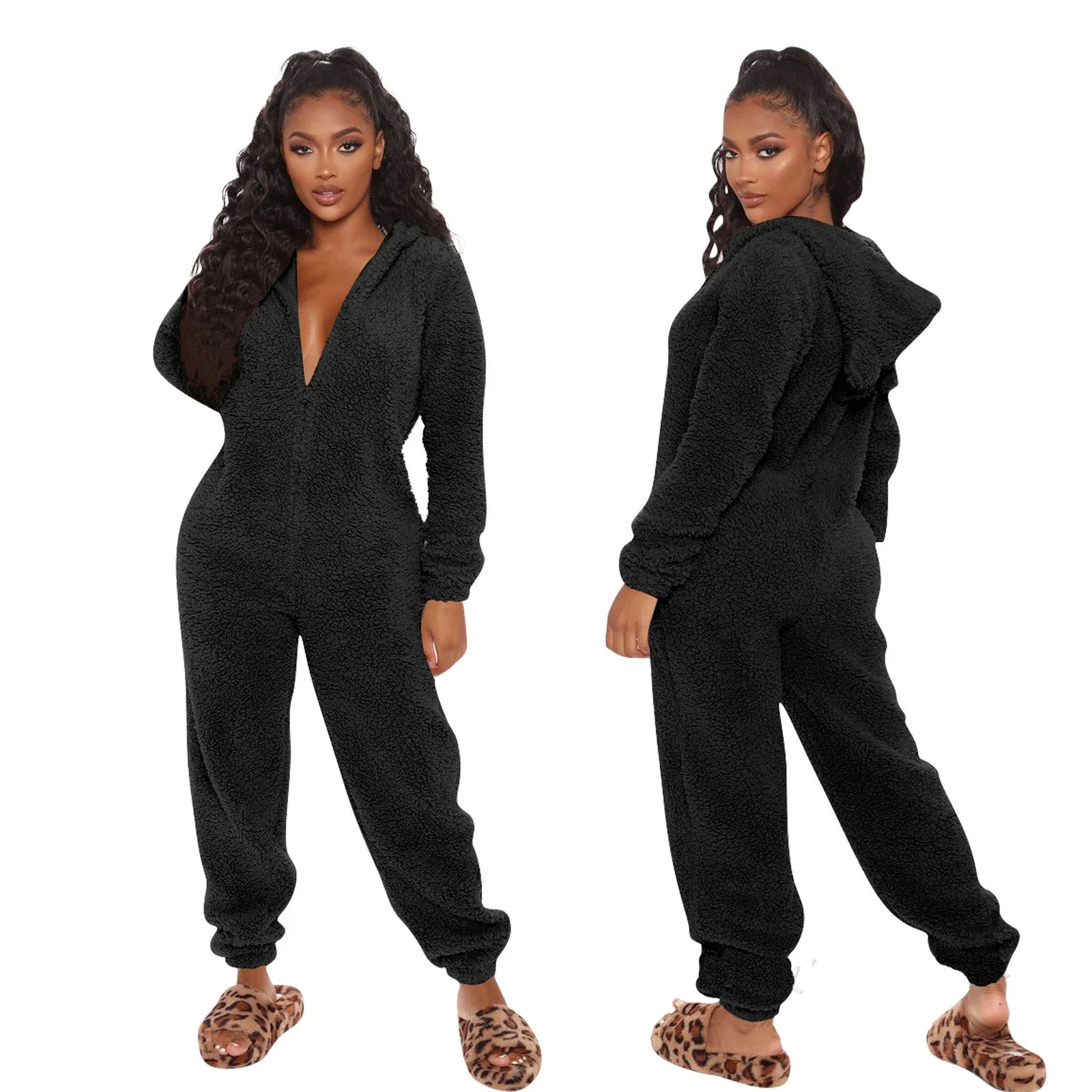 Newest Plus Size Hood Fleece Women Pajamas 5XL Fluffy Fleece Onesies Pyjamas Winter Warm Women Jumpsuit Sleepwear Overall