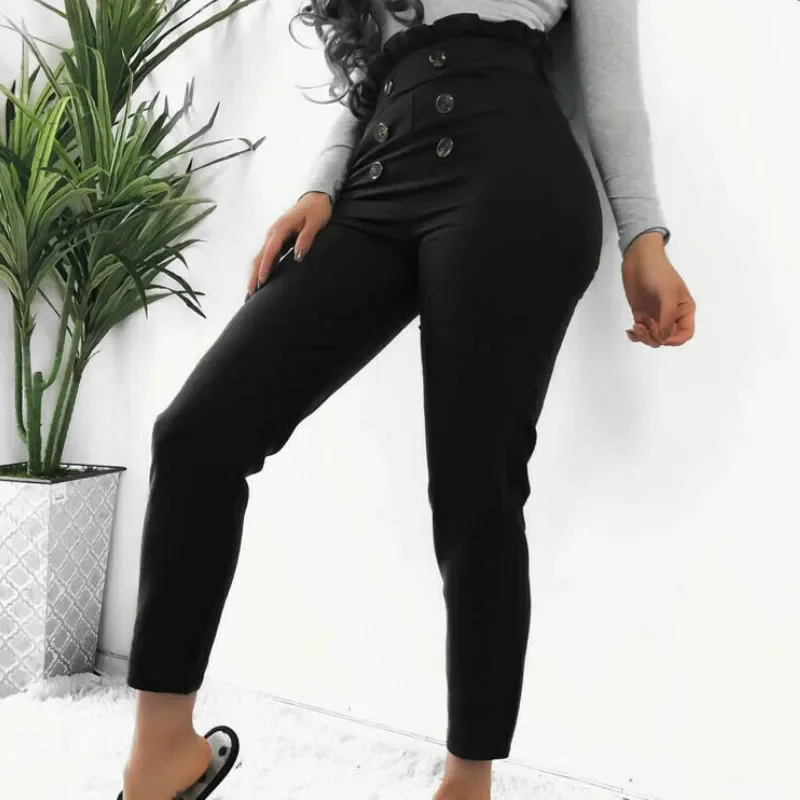 2022 Autumn and Winter New Fashion Women's High Waist Button Tight Leggings Ladies Leather Pencil Ankle Trousers sexy casual pencil pants ladies mid waist ripped hole hips tight jeans ankle length women pants 2020 autumn new