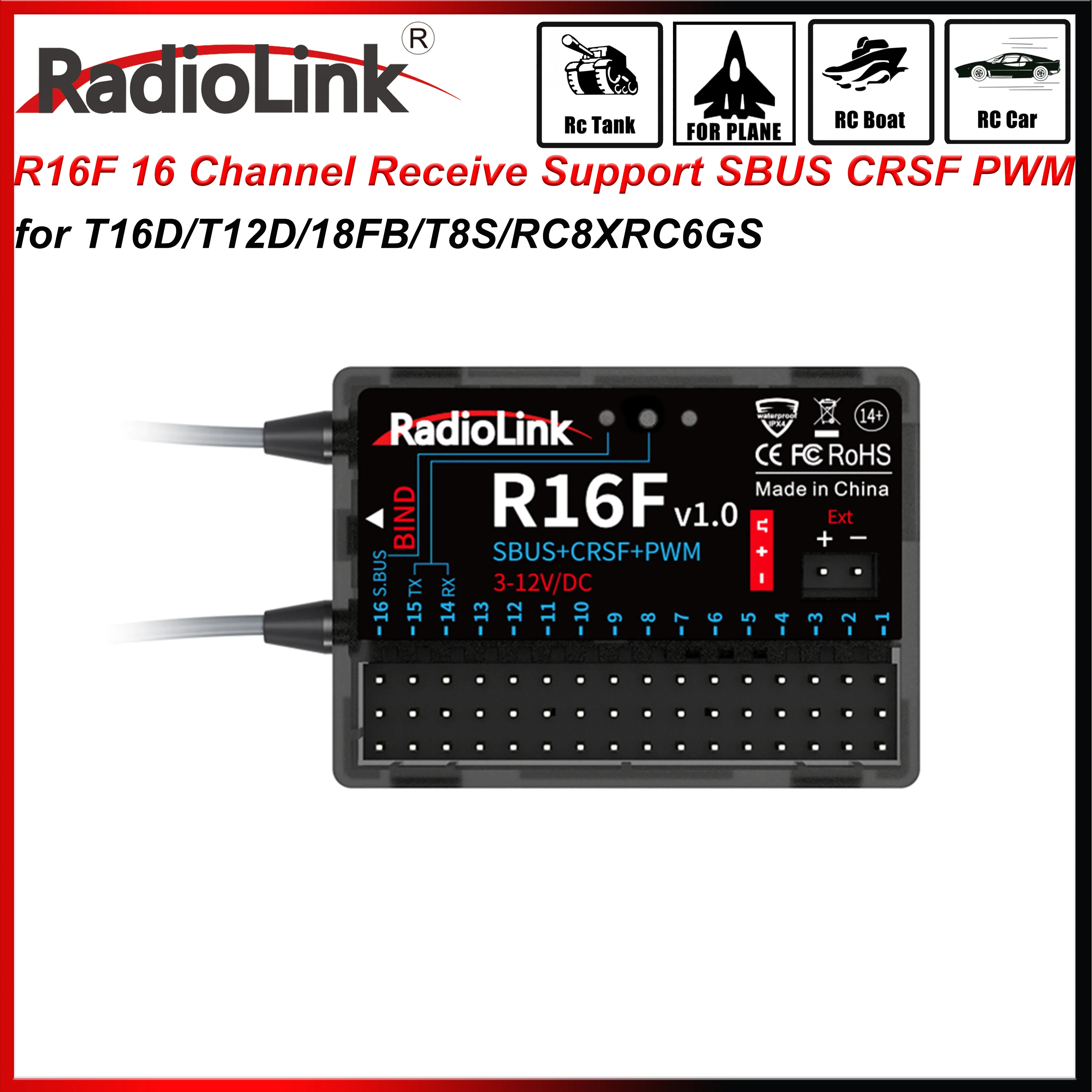 Vue de dessus du récepteur Radiolink R16F montrant les connecteurs et le bouton de liaison