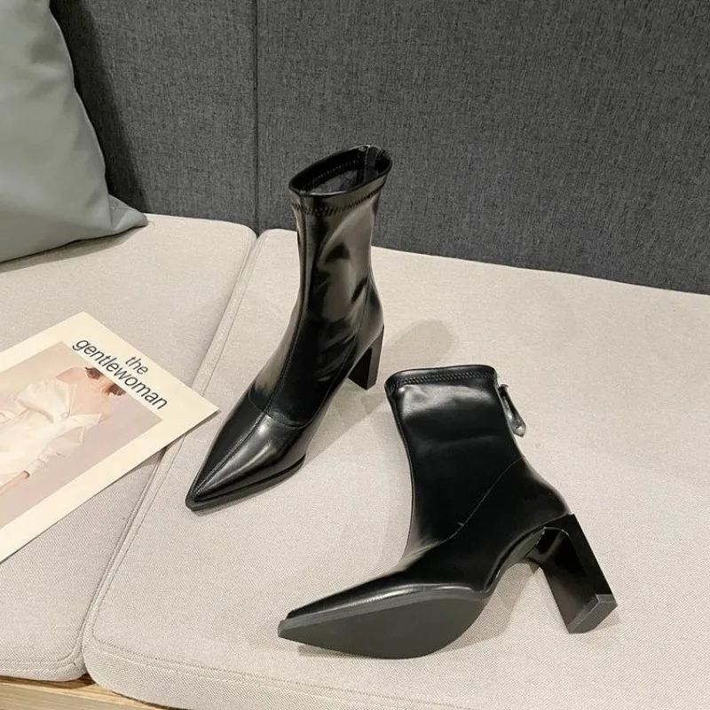 2023 Pointed Toe Ankle Boots Autumn Back Zip Leather Ladies Short Boot Shoes Spring Elegant Thick High Heels for Women Black
