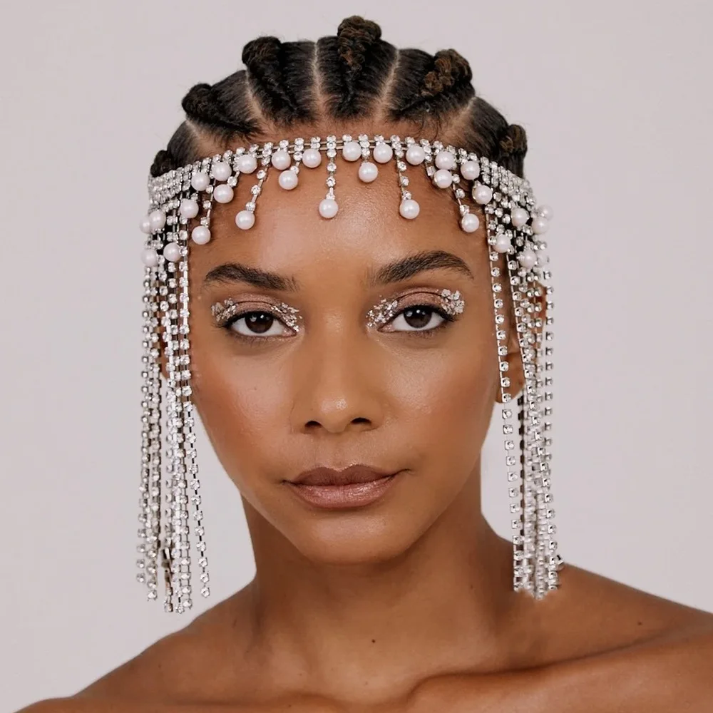

Stonefans Distinctive Tassel Forehead Chain Headband Indian Jewelry Elegant Pearl Pendant Crystal Bridal Headpiece Wedding Women