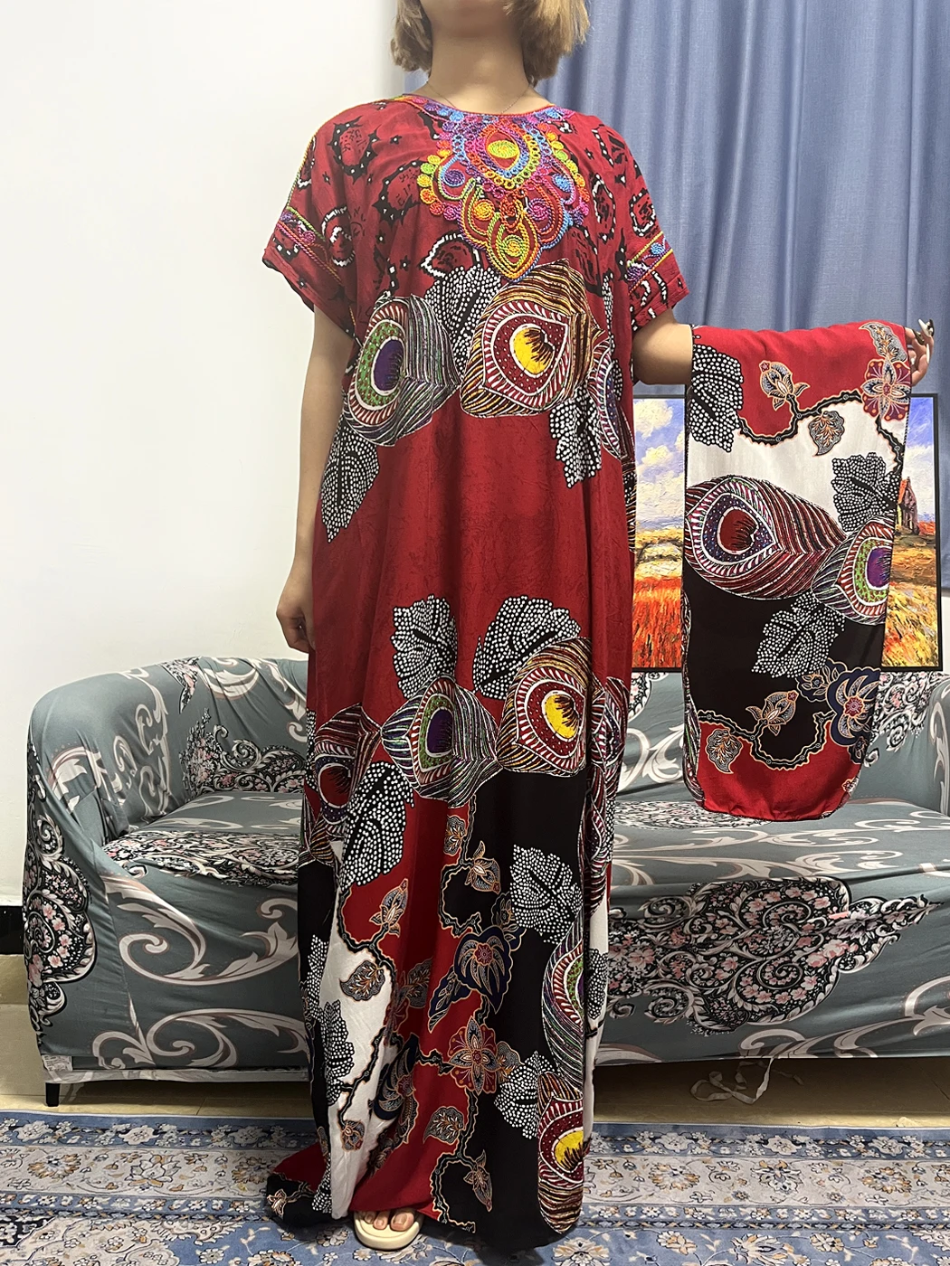 African Cotton Abayas For Women New Print Floral Round Neck Short Sleeve Muslim Novelty Loose Clothes Nigerian With Headscarf