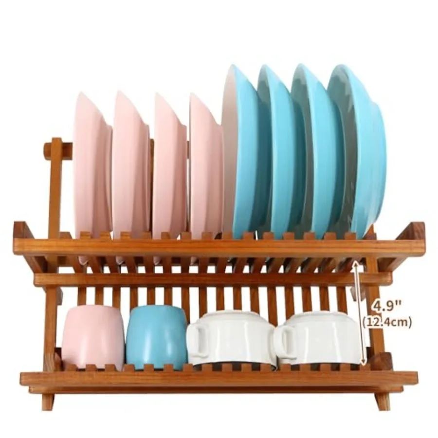 Teak Dish Drainer Rack Collapsible 2 Tier Dish Rack Dish Drying Rack Foldable Plate Organizer Holder for Kitchen Compact