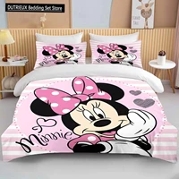Ensemble de literie imprimé Disney Minnie Mouse Love, housse de couette, taie d'oreiller, dessin animé, pour garçons, filles, enfants, adultes, King, rose, cadeau 2