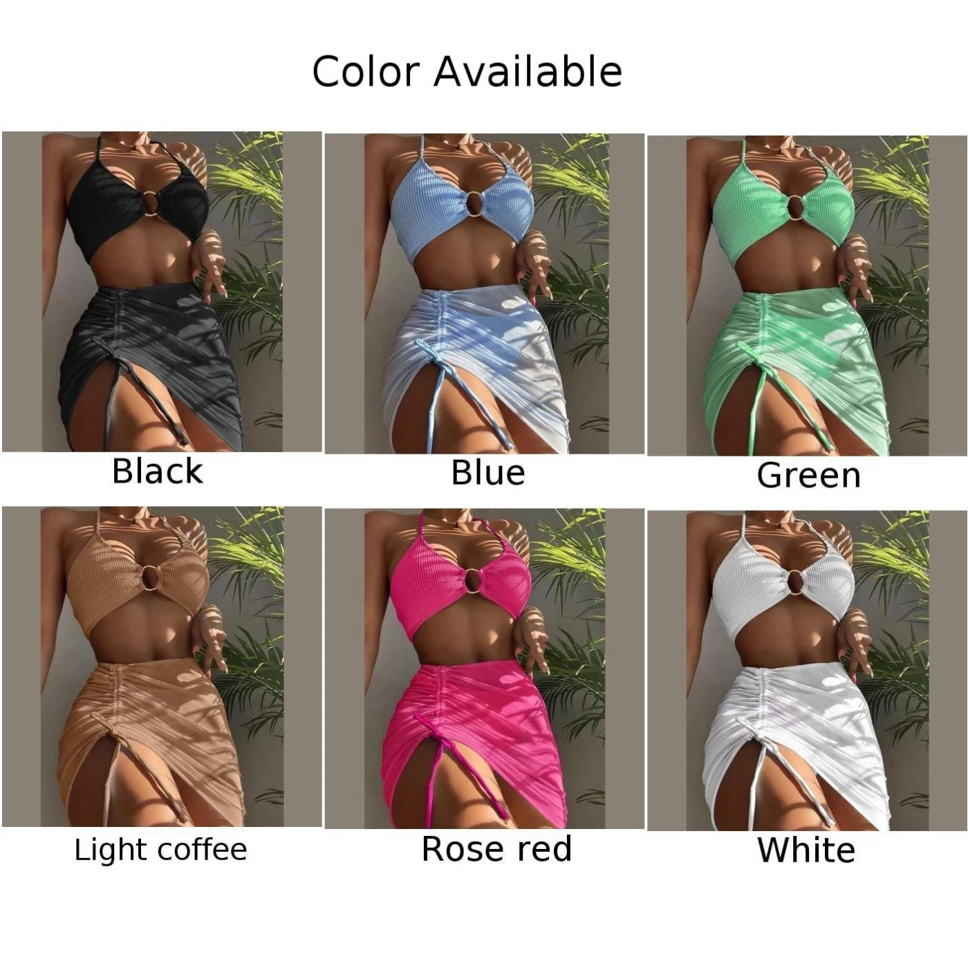 Bathing Suit Bikini Set Daily Leisure Elastic Halterneck Lace-up Metal Ring Solid Color Three-Piece Fashionable