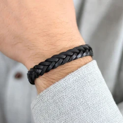 Sleek Black Braided Leather Cuff - Genuine Men's Bracelet - 17cm - 24cm (Black)