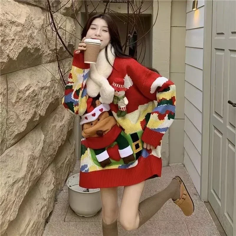 여성용 크리스마스 테마 엘크 스웨터, 느슨한 겉옷, 게으른 스타일, 두꺼운 레트로 코트, 가을 및 겨울 탑 스웨터
