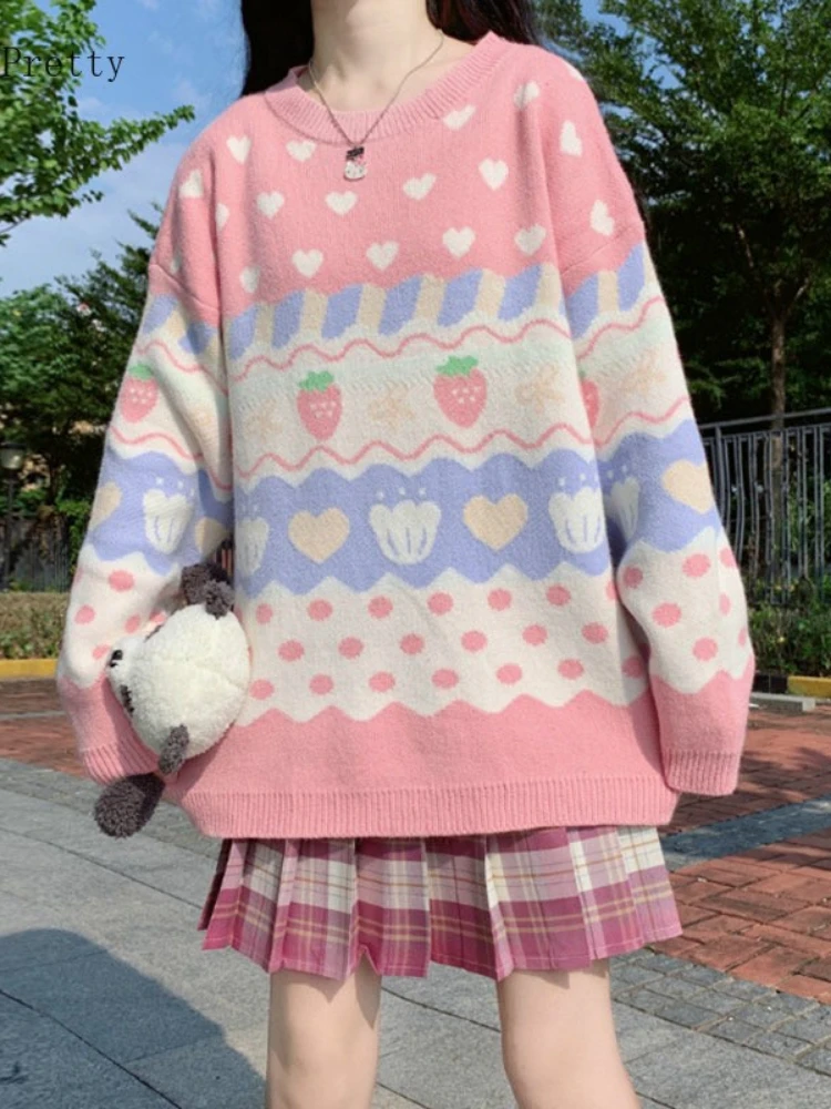 Pink Cartoon Strawberry Embroidery Sweaters Sweet Style Knit Pullovers  Women Winter Thick Warm Christmas Sweater Jumpers Girls - AliExpress