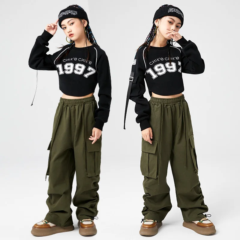 

Kids Hip Hop Clothing Black Long Sleeve T Shirt Tops Army Green Jogger Cargo Pants For Girls Teenager Jazz Dance Costume Clothes