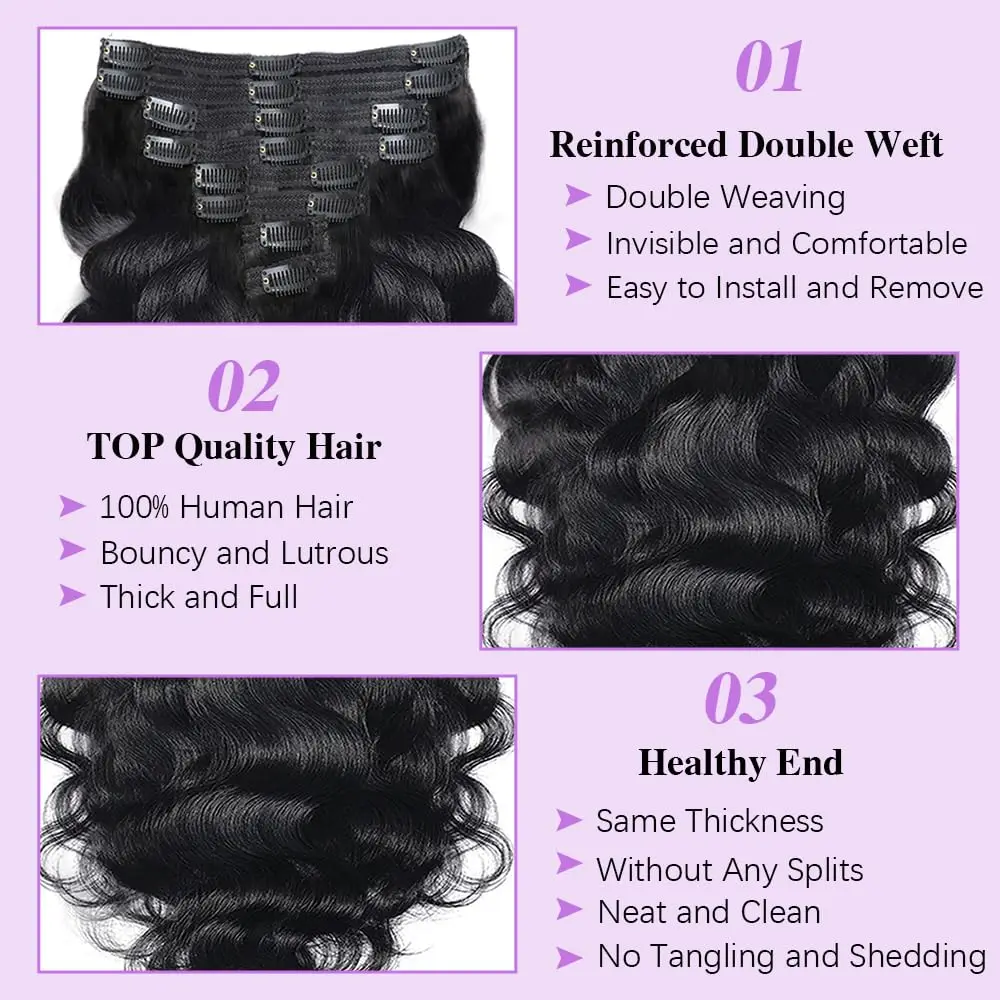 Body Wave Clip In Hair Extensions For Women 8Pcs Clip In Human Hair Extensions With 18 Clips Double Weft Natural Color #1B