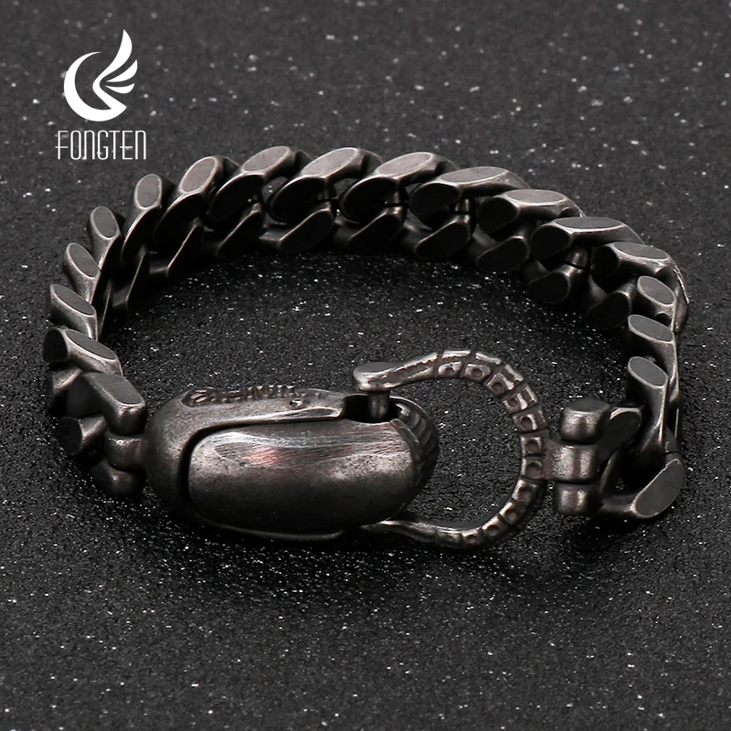 

Fongten 22cm Cuban Chain Bracelets For Men Stainless Steel Curb Bracelets Bangles Men's Rotre Black Silver Color Jewelry