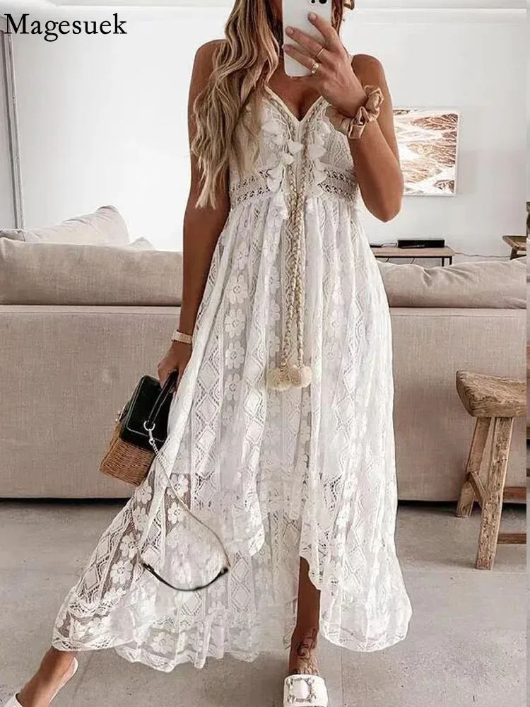 Women's V-neck Slim Shoulder Strap Sun Skirt Hook Flower Hollow Out Elegant Women's Vacation Bohemian Style Lace Dress 22194