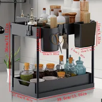 Organisateur d'évier de cuisine multifonction à 2 niveaux, panier d'armoire coulissant avec crochets, tasse suspendue, nouveau support peu encombrant pour salle de bain et cuisine 6