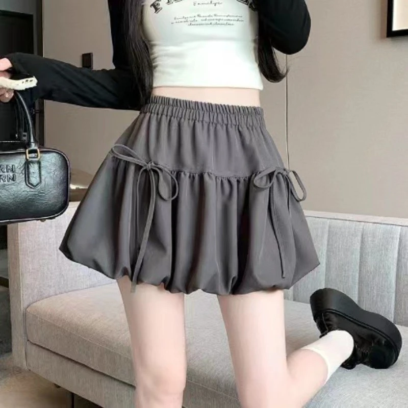 Zjaiss 2026 Summer Ballet Style Bow A-Line Women's Mini Skirts High Elastic Waist Tie Pleated Bud Balloon Skirt 4
