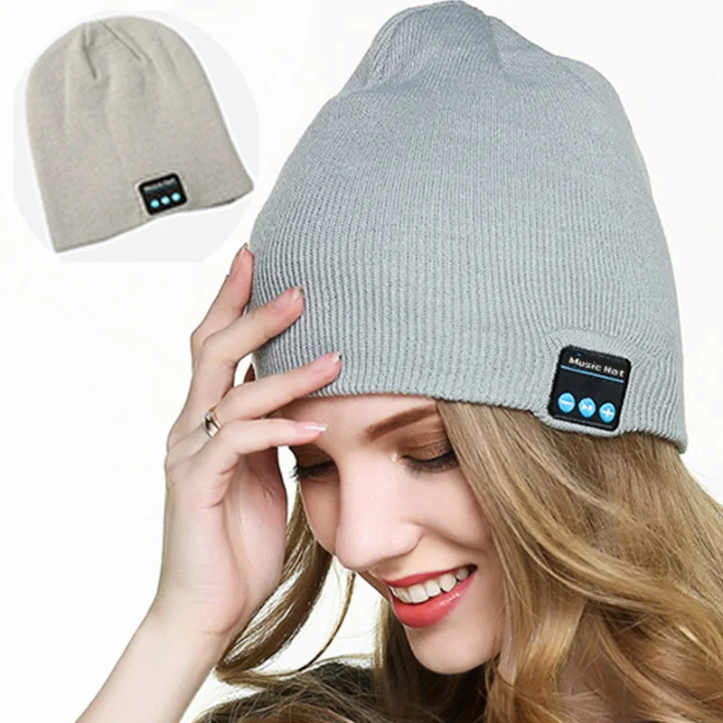 Bonnet Connecté gris pour gar?on et fille adultes Carré tricoté texturé  casque Bluetooth chaud d'hiver avec micro