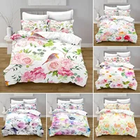 Floral Duvet Cover King/Queen Size, Watercolor Floral Bedding Set, Colorful Flowers Green Leaf Bird Print Duvet Cover For Women 1