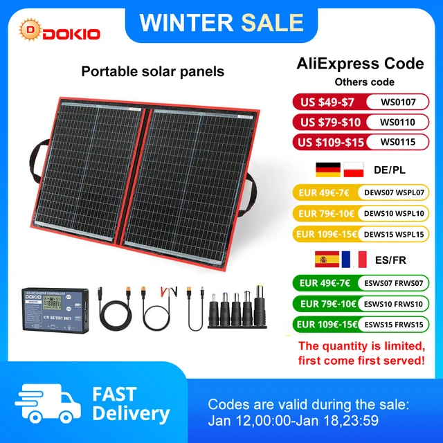 Dokio-Panneau solaire portable et pliable, 18V, 100/160/200/300 W, avec contrôleur 12V pour charger la batterie, adapté au camping 1