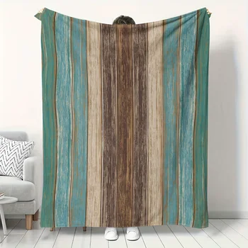 Vintage Flannel Throw Blanket – Soft Woodgrain Print, Teal/Brown 1