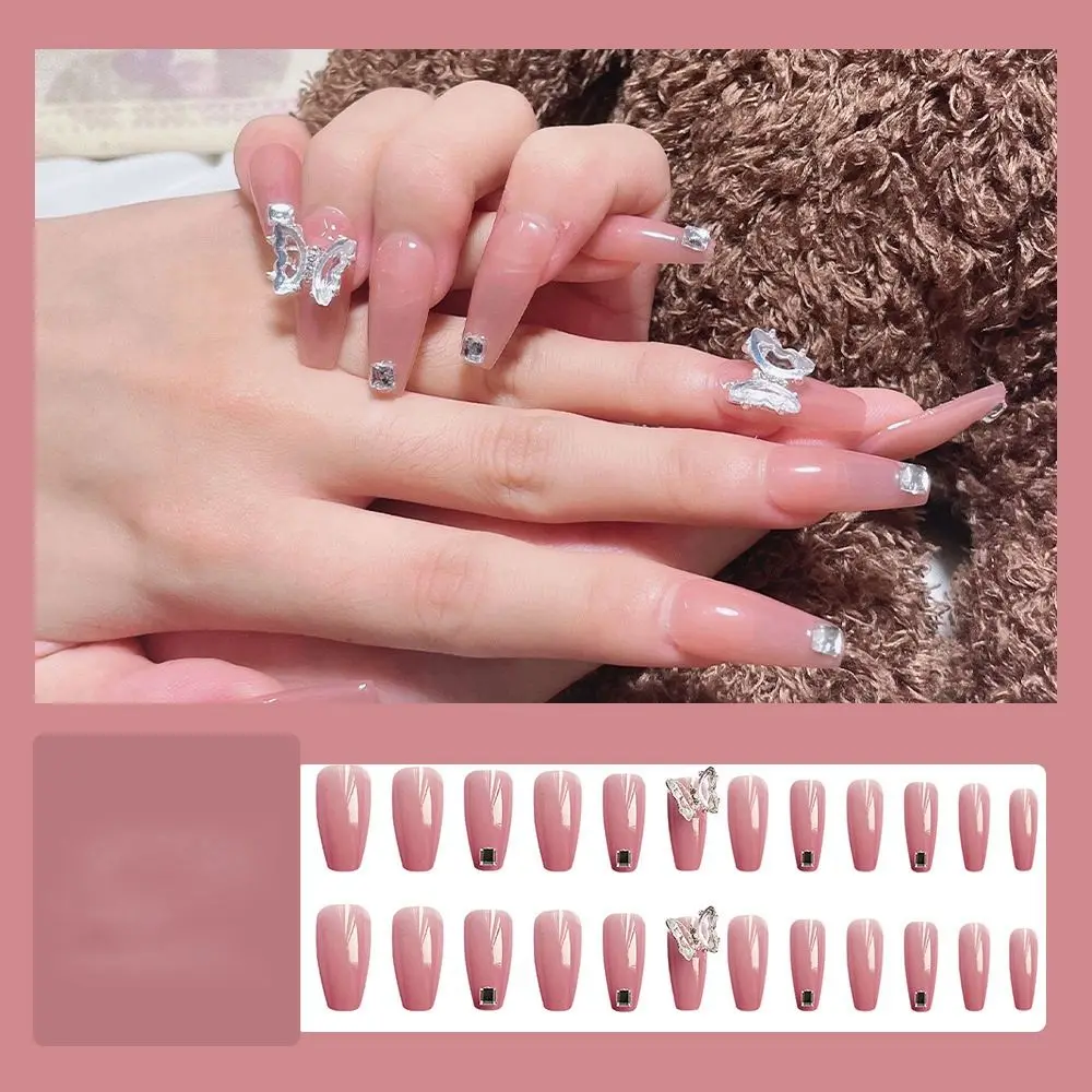 Description Picture 6 of item24pcs/Box Glitter Coffin False Nails Pink/White Heart Design French Ballerina Fake Nails Full Cover Nail Tips Press On Nails