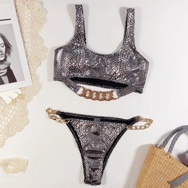 Women's Party Rave Metalic Bikini Set Shiny Snakeskin Print Bathing Suit Swimsuits Festivals