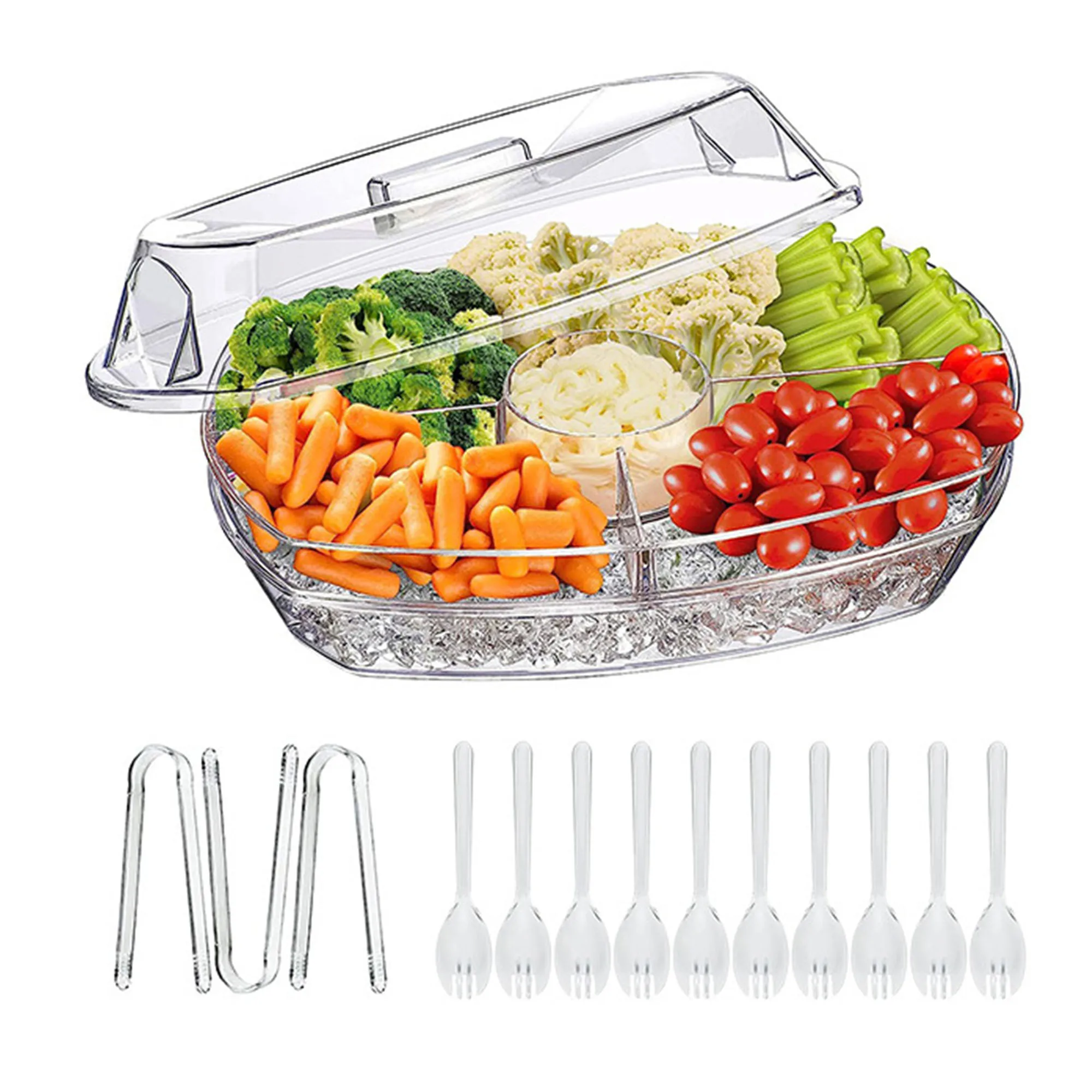

Fruit Ice Serving Tray Chilled Veggie Tray Cocktail Serving Dish Appetizer Serving Platter for Parties with Lid 4/5 Compartment