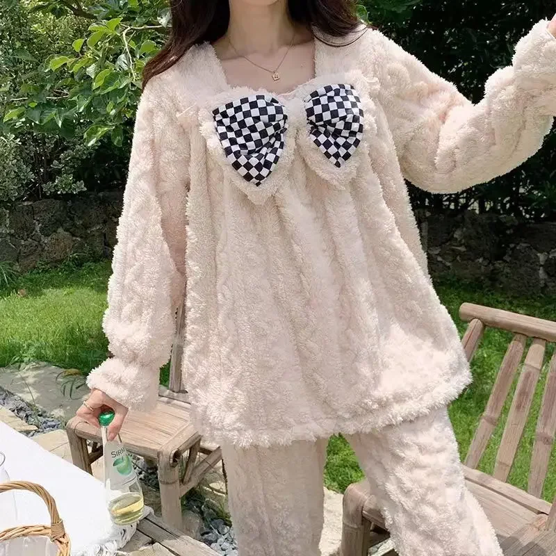

New 2022 Autumn Winter Women Pajamas Sets Warm Thick Coral Fleece Long Sleeve Pant Solid Bow Sleepwear Female Home Suit XXL