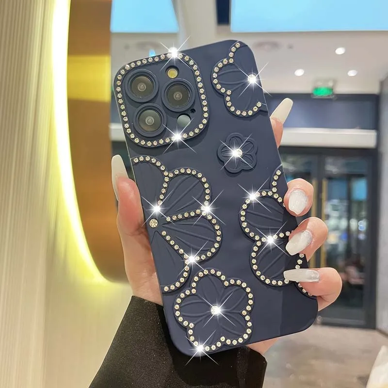 Funda transparente con diseño de flores y diamantes con baño de purpurina para iPhone 16, 15 Pro Max, 14, 13, 12 y 11, funda de silicona suave a prueba de golpes con brillantes diamantes de imitación