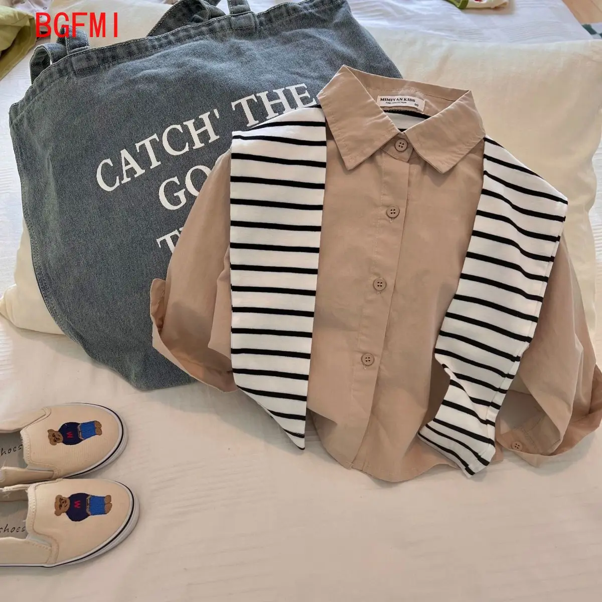 Children's Shirt Spring and Autumn New Fake Two Tops Boys and Girls Striped Shawl Shirt Fashion Children's Clothing 2-10Yrs Old