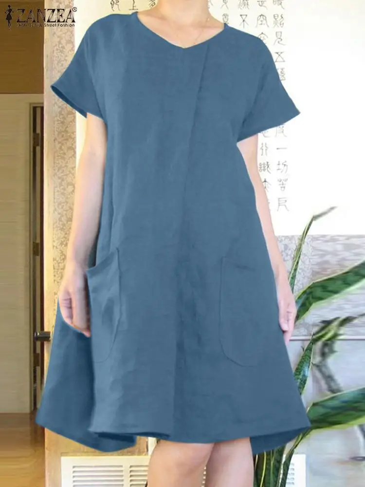 

2023 ZANZEA Fashion Women Dress Summer Solid Cotton Dresses Short Sleeve Robe Casual Work Vestidos Female Beach Holiday Sundress
