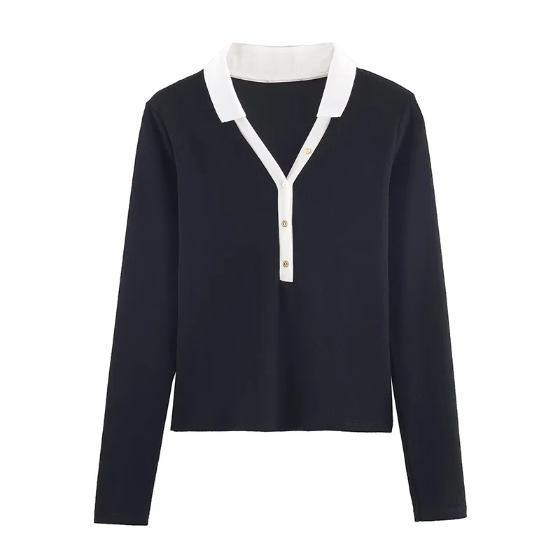 2026 Spring Autumn Casual T-Shirts Fashion Contrast Color Design Long Sleeve Knit T-Shirts For Women Streetwear Casual Short Top