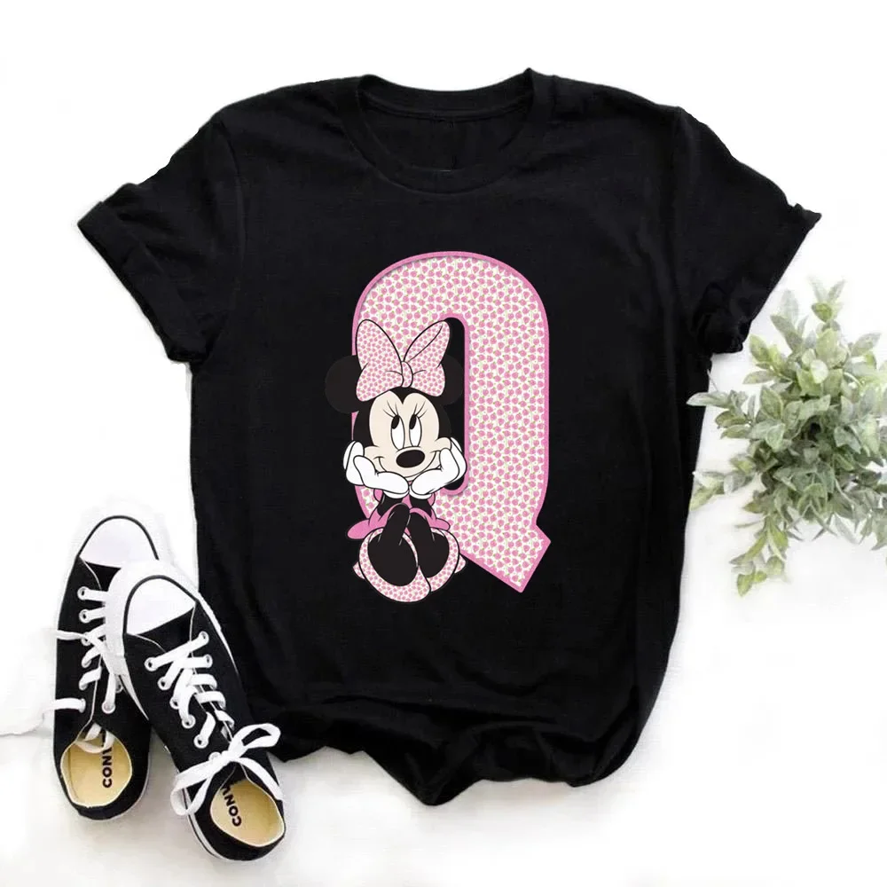 thumbnail image 1 of Camisetas de algodón de manga corta de verano para niños, camiseta rosa con letras de Minnie Mouse, fuente ABCDEFG, divertida y bonita para niño y niña, 1 of 5